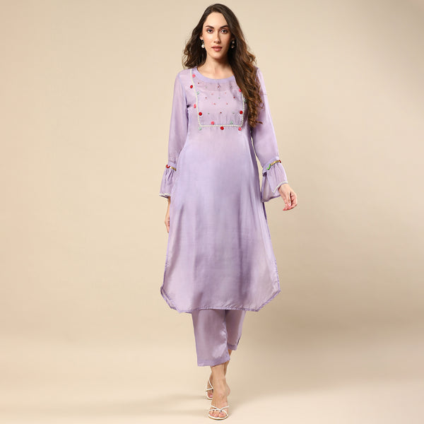 Purple Embroidered and Hand Work on Kurta With Pants