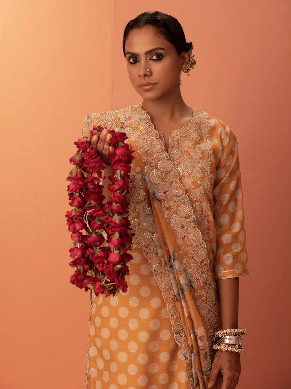 Polka Dots Kurti Set in Yellow with Dupatta