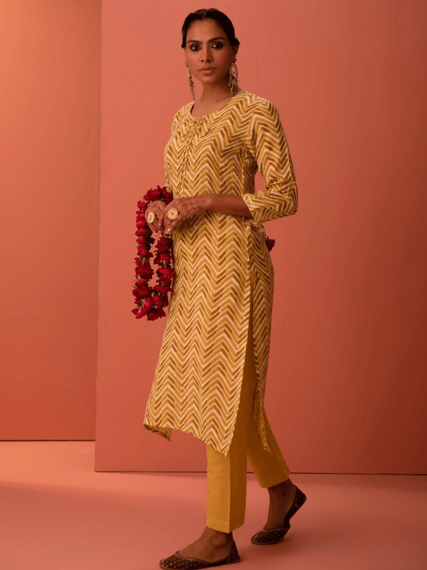 Yellow Cotton Printed Kurti Set