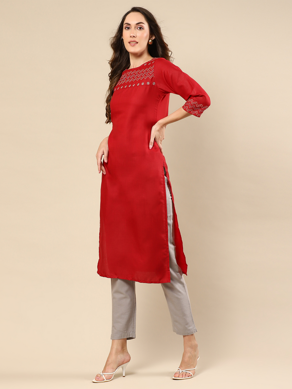 Red Embroidered Cotton Kurta