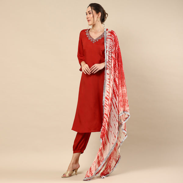 Red Zari Work Cotton Silk Suit Set