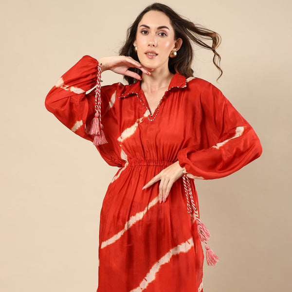 Red Cotton Silk Tunic Set