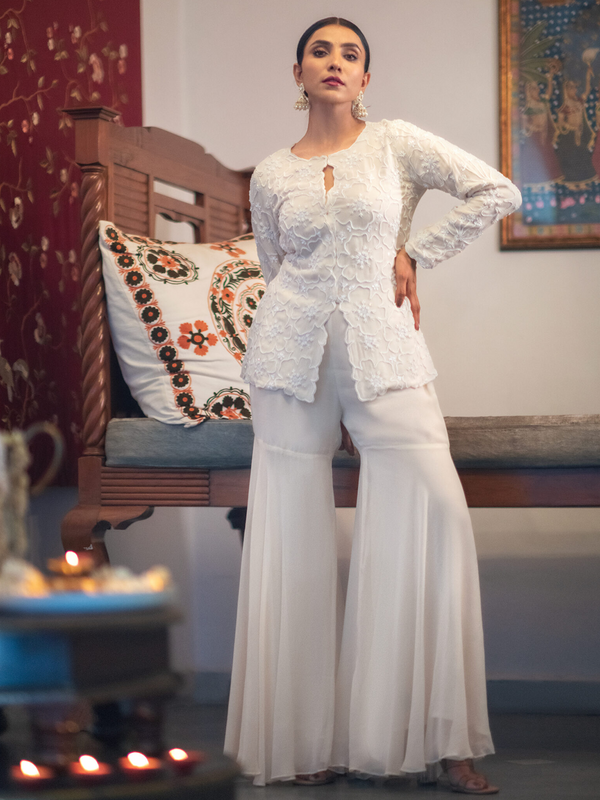 Ivory Sharara Set with Embroidered Jacket