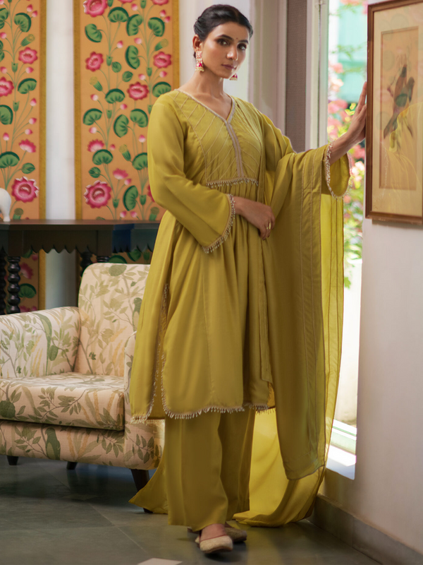 Yellow Party Wear Chanderi Silk Kurti with Dupatta