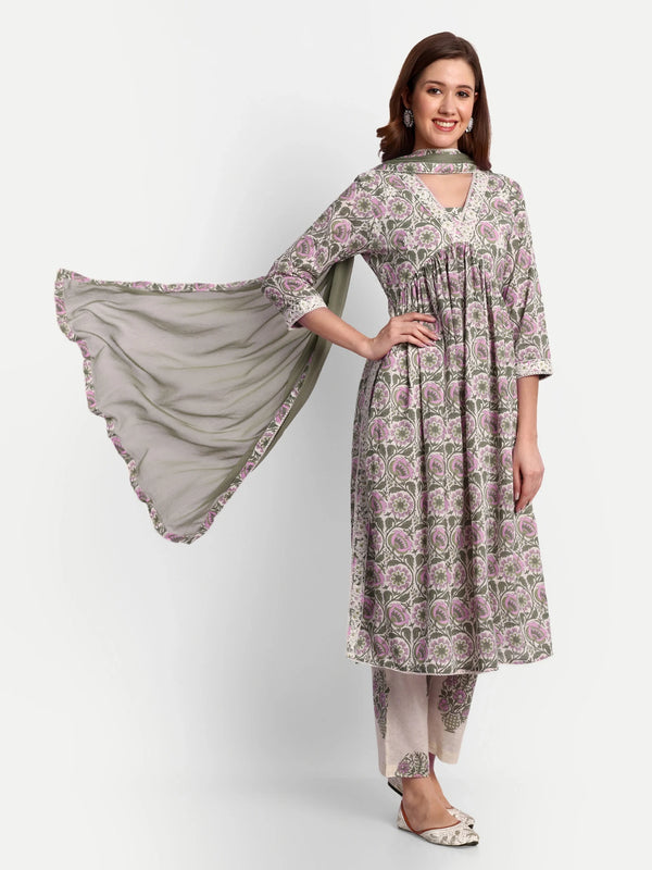 Floral Printed Cotton Kurti Set With Trousers &amp; Dupatta