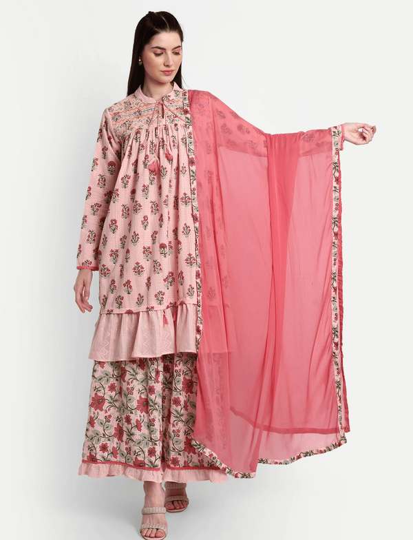 Cotton Floral Printed Kurta Set with Sharara & Dupatta