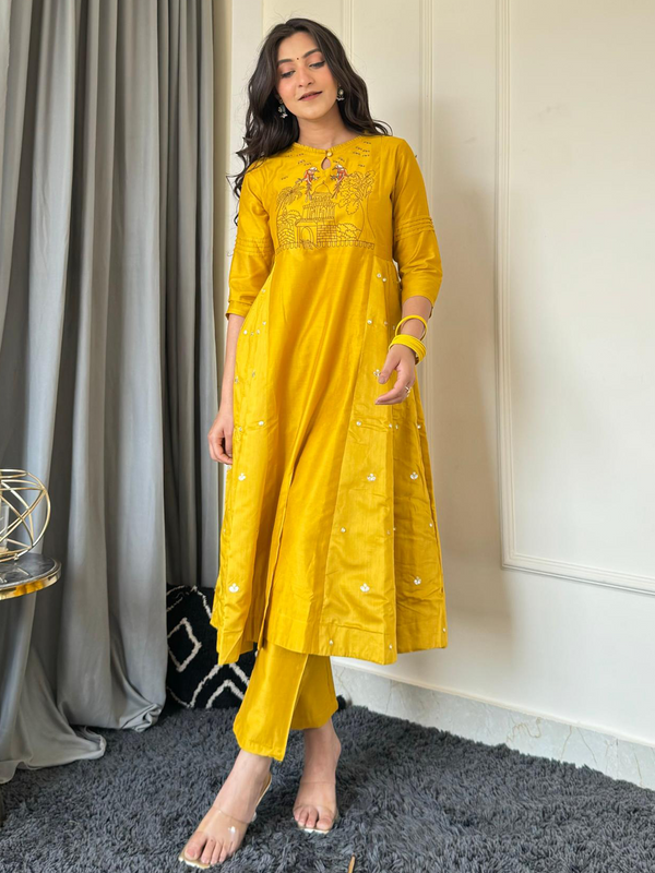 Yellow Chanderi Silk Embroidered Kurti Set