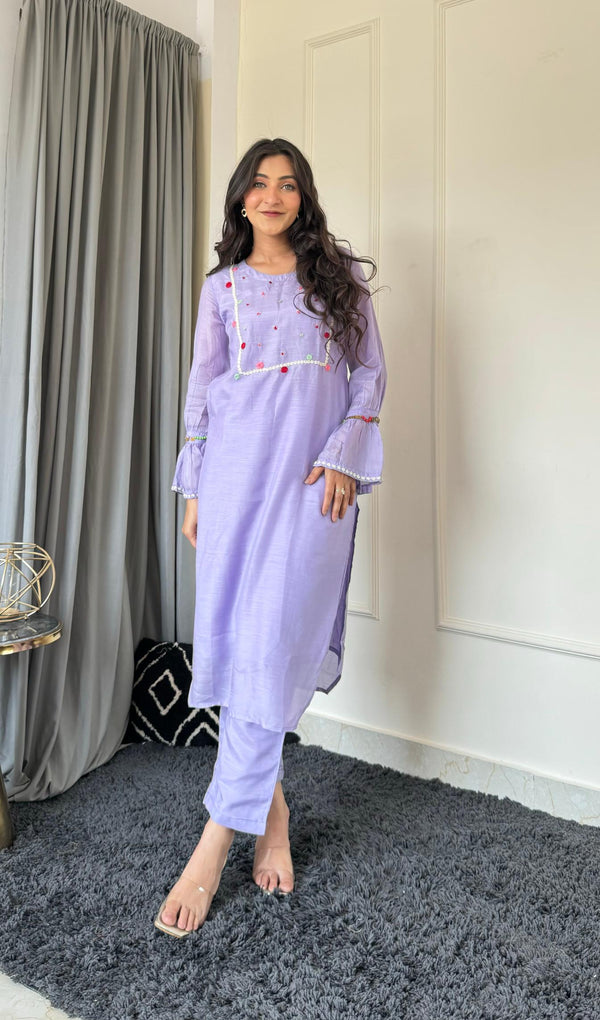 Elegant Purple Kurta with Embroidered Handwork and Matching Pants