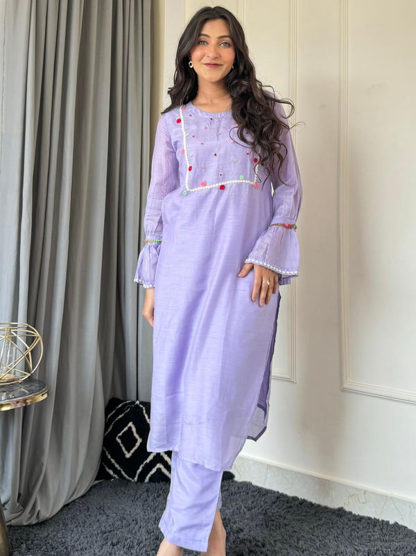 Elegant Purple Kurta with Embroidered Handwork and Matching Pants