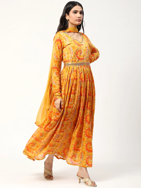 Cotton Printed Anarkali Dress with Dupatta and Belt
