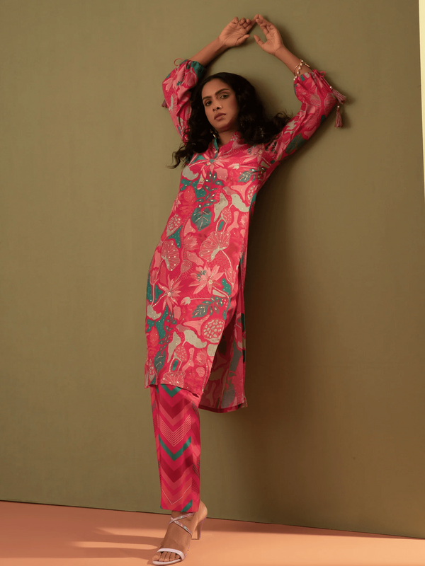 Printed Pink Muslin Kurta Set