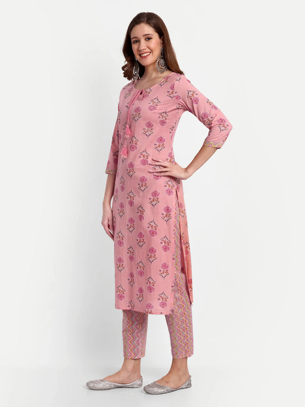 Stylish Printed Kurta Set in Pink Cotton